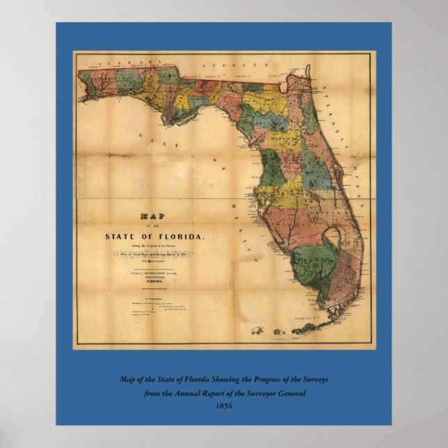 Affiche 1856 Carte de l'État de Floride par Columbus Drew (Devant)