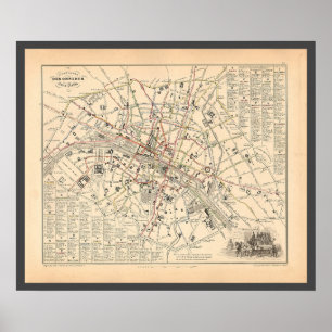 Affiche 1858 Carte : Itineraire des Omnibus dans Paris Fra