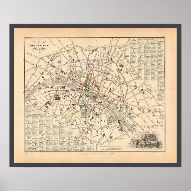 Affiche 1858 Carte : Itineraire des Omnibus dans Paris Fra (Devant)
