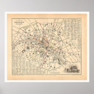 Affiche 1858 Carte : Itineraire des Omnibus dans Paris Fra