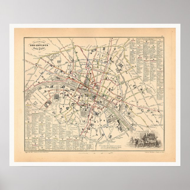 Affiche 1858 Carte : Itineraire des Omnibus dans Paris Fra (Devant)
