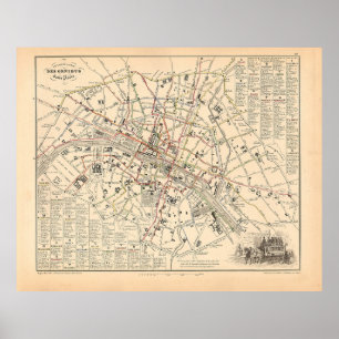 Affiche 1858 Carte : Itineraire des Omnibus dans Paris Fra