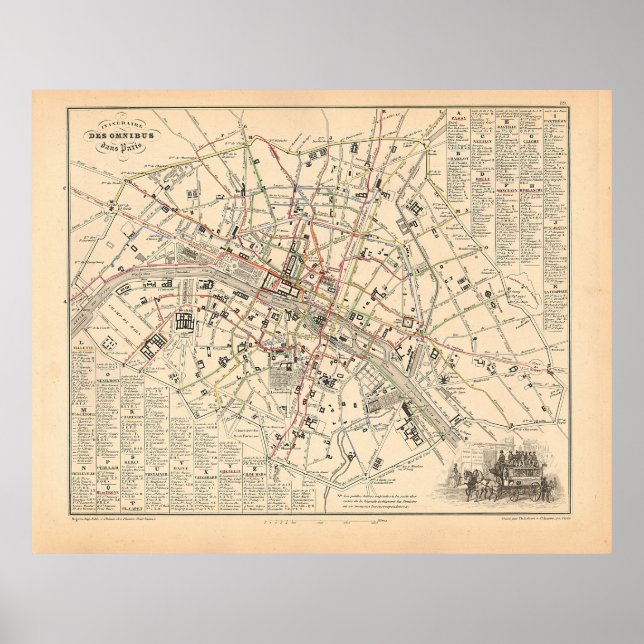 Affiche 1858 Carte : Itineraire des Omnibus dans Paris Fra (Devant)