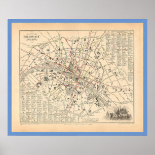 Affiche 1858 Carte : Itineraire des Omnibus dans Paris Fra