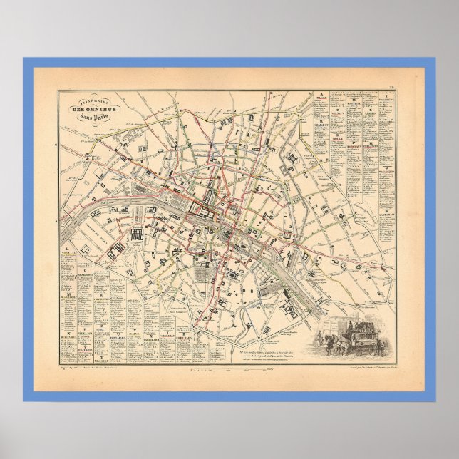 Affiche 1858 Carte : Itineraire des Omnibus dans Paris Fra (Devant)