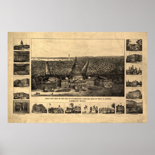 Affiche 1860-90 Washington DC Birds Eye View Panoramic Map (Devant)