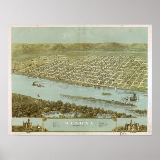 Affiche 1867 Winona, MN Oiseaux Vue panoramique Carte (Devant)