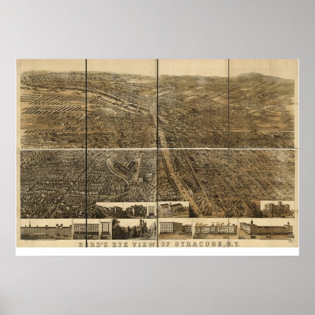 Affiche 1868 Syracuse, NY Birds Eye View Panoramic Map (Devant)