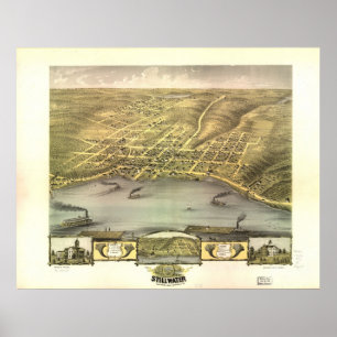 Affiche 1870 Stillwater, MN Oiseaux Vue panoramique Carte