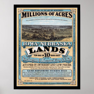 Affiche 1872 Iowa Nebraska Vente de terrains