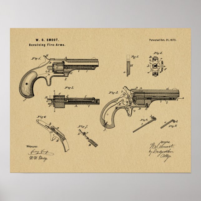 Affiche 1873 Revolver Gun Dessin d'Art Brevet Imprimer (Devant)
