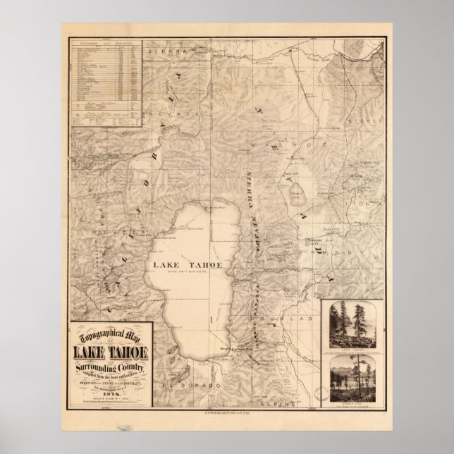 Affiche 1874 Map of Lake Tahoe Area California & Nevada (Devant)
