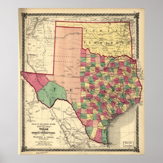 Affiche 1875 Carte du Texas & Indian Territory (Oklahoma) (Devant)