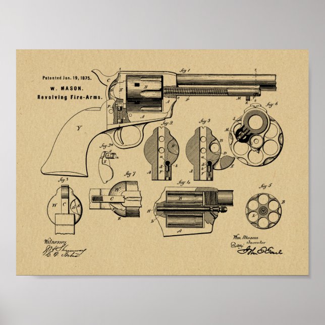 Affiche 1875 Revolver Gun Dessin d'Art Brevet Imprimer (Devant)
