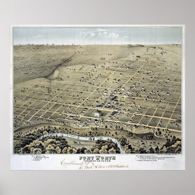 Affiche 1876 Carte de Fort Worth, TX Birds Eye View (Devant)