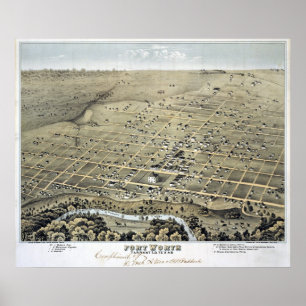 Affiche 1876 carte de Fort Worth, vue d'oeil d'oiseaux de