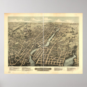 Affiche 1877 Pawtucket, carte panoramique de vue d'oeil