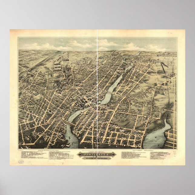 Affiche 1877 Pawtucket, RI Birds Eye View Panoramic Map (Devant)