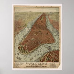 Affiche 1879 New York City NY Birds Eye View Panoramic Map