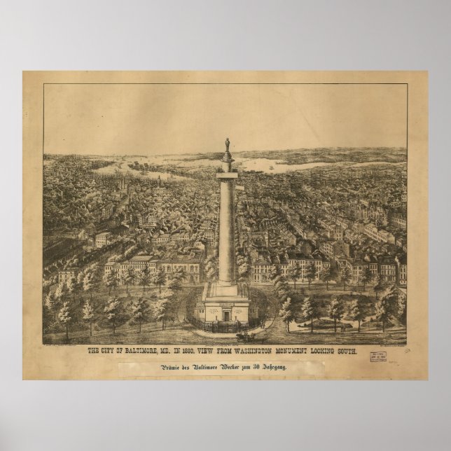 Affiche 1880 Baltimore, MD Bird's Eye View Panoramic Map (Devant)