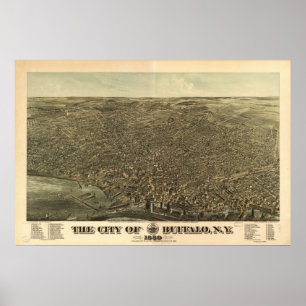 Affiche 1880 Buffalo, NY Oiseaux Vue panoramique