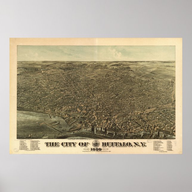 Affiche 1880 Buffalo, NY Oiseaux Vue panoramique (Devant)