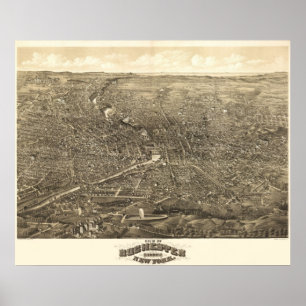 Affiche 1880 Rochester, carte panoramique de vue d'oeil