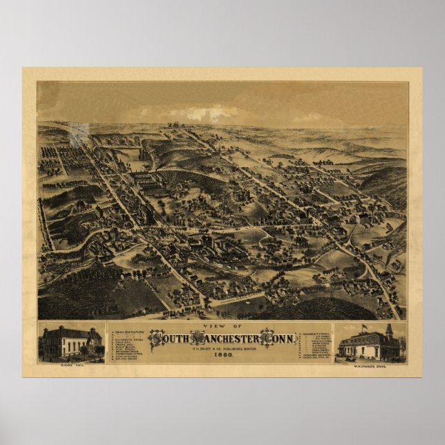 Affiche 1880 South Manchester CT Birds Eye Panoramic Map (Devant)