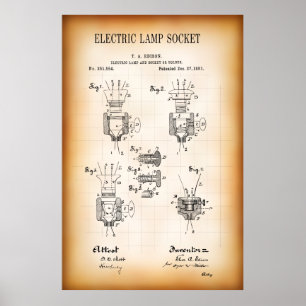 AFFICHE 1881 BREVET DE SOCKET DE LAMPE ÉLECTRIQUE