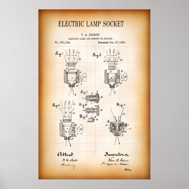 AFFICHE 1881 BREVET DE SOCKET DE LAMPE ÉLECTRIQUE (Devant)