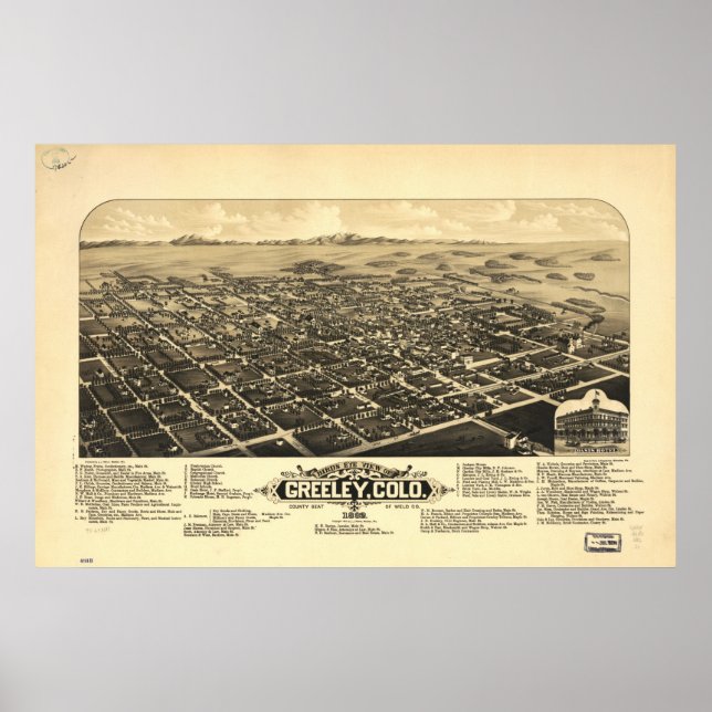 Affiche 1882 Greeley, CO Oiseaux Vue panoramique Carte (Devant)