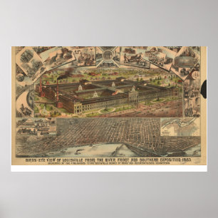 Affiche 1883 carte panoramique de vue d'oeil d'oiseaux de