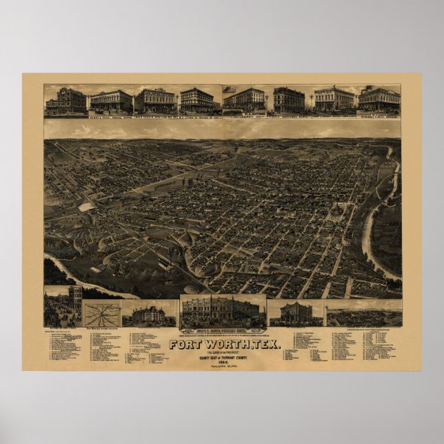 Affiche 1886 Carte de Fort Worth, TX Birds Eye View (Devant)