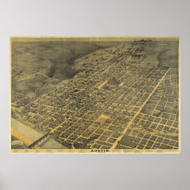 Affiche 1887 Austin, TX Oiseau Vue panoramique (Devant)