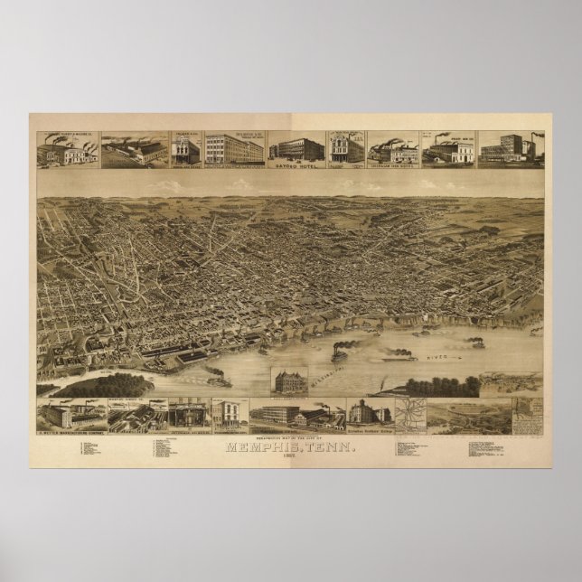 Affiche 1887 Memphis, TN Oiseaux Vue panoramique (Devant)