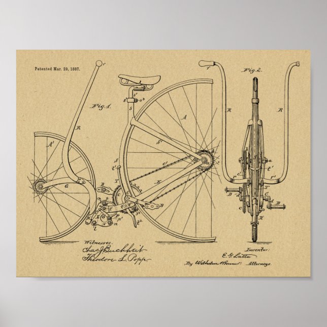 Affiche 1887 Vintage Bicycle Design Patent Art Print (Devant)