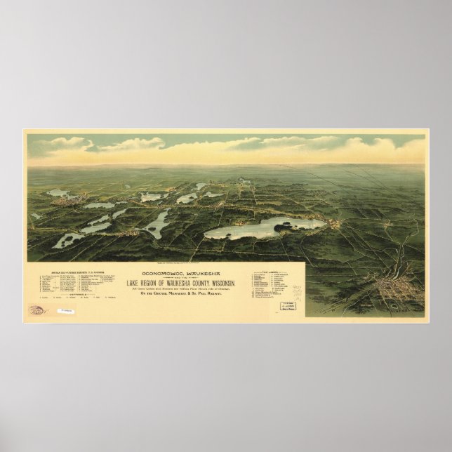 Affiche 1890 Oconomowoc, WI Oiseaux Vue panoramique Carte (Devant)