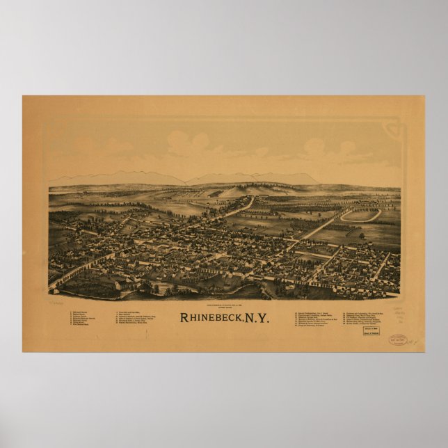 Affiche 1890 Rhinebeck, NY Oiseaux Vue panoramique Carte (Devant)
