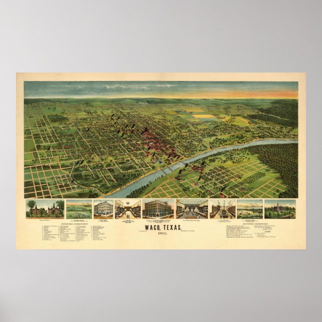 Affiche 1892 Waco, TX Oiseau Vue panoramique (Devant)