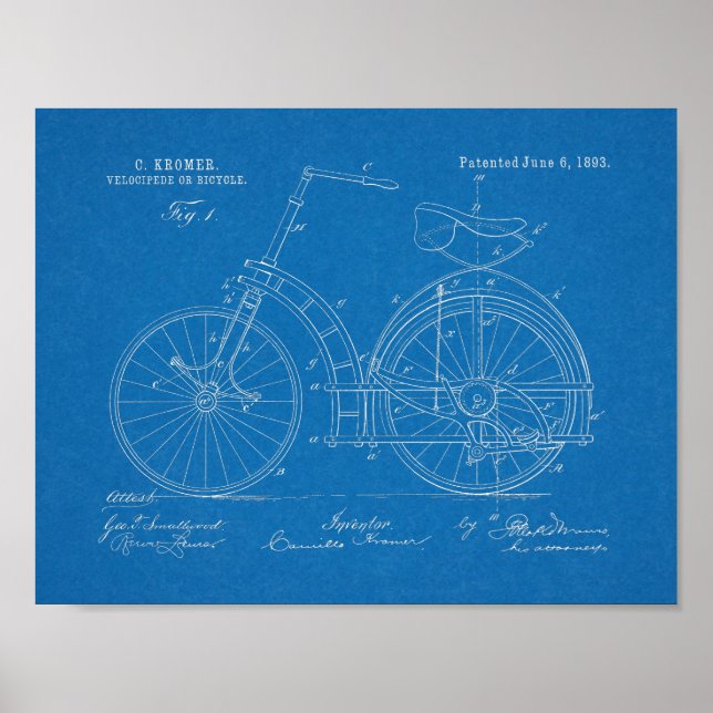 Affiche 1893 Chainless Bicycle Patent Art Drawing Print (Devant)