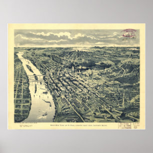 Affiche 1893 Saint Paul, MN Oiseaux Vue panoramique Carte