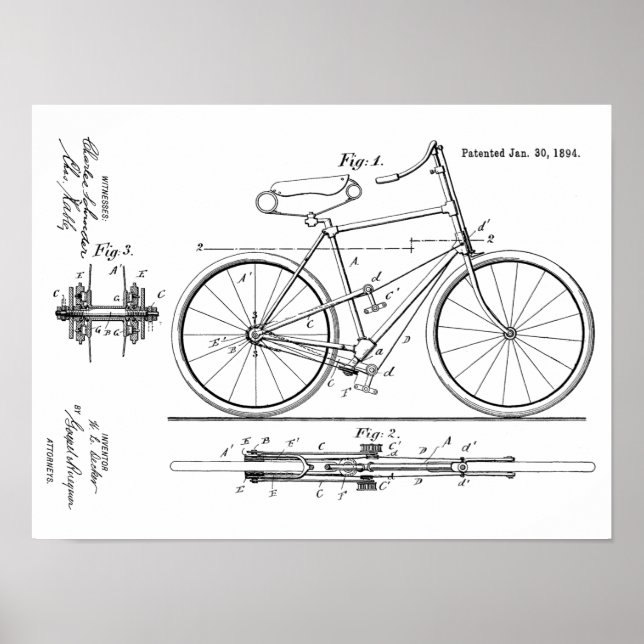 Affiche 1894 Brevet de bicyclette propulsé au levier Art (Devant)