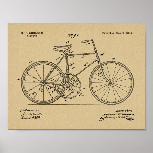 Affiche 1894 Conception de bicyclettes d'engrenages Brevet (Devant)