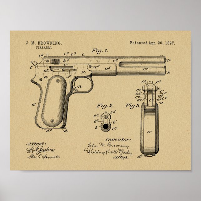 Affiche 1897 Browning Gun Patent Art Drawing Print (Devant)