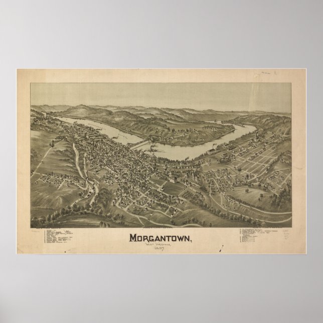 Affiche 1897 Morgantown, WV Bird's Eye View Carte panorami (Devant)