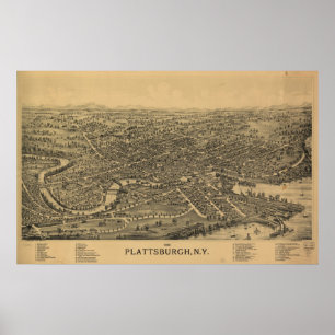 Affiche 1899 Plattsburgh, NY Oiseaux Vue panoramique Carte