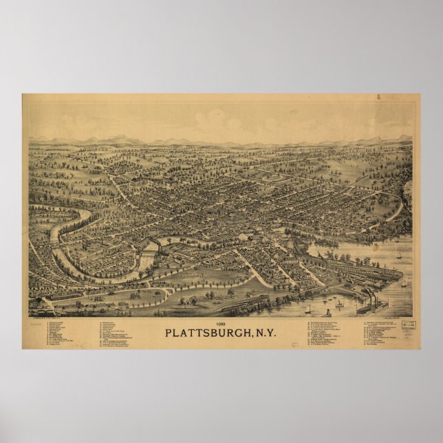 Affiche 1899 Plattsburgh, NY Oiseaux Vue panoramique Carte (Devant)