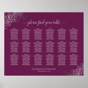 Affiche 18 Table Wedding Seating Chart Silver on Cassis