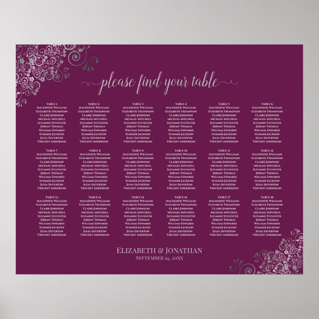 Affiche 18 Table Wedding Seating Chart Silver on Cassis (Devant)