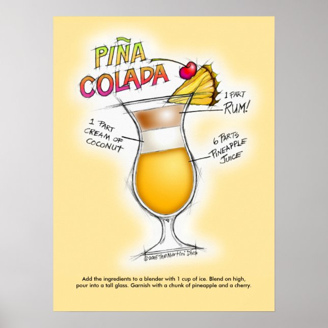 AFFICHE 18" X 24" - RECETTE PINA COLADA COCKTAIL A (Devant)